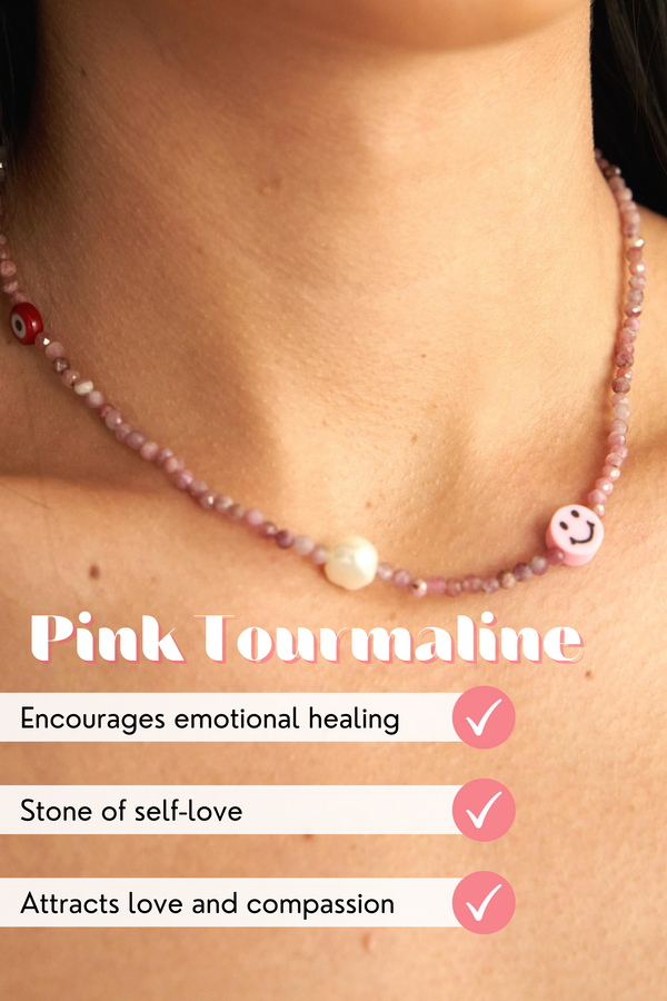 Pink Tourmaline Self-Love Necklace | Smile Collection | Handmade Crystal Jewellery | Emotional Healing, Calmness, Love and Compassion | Your Piece Or Mine