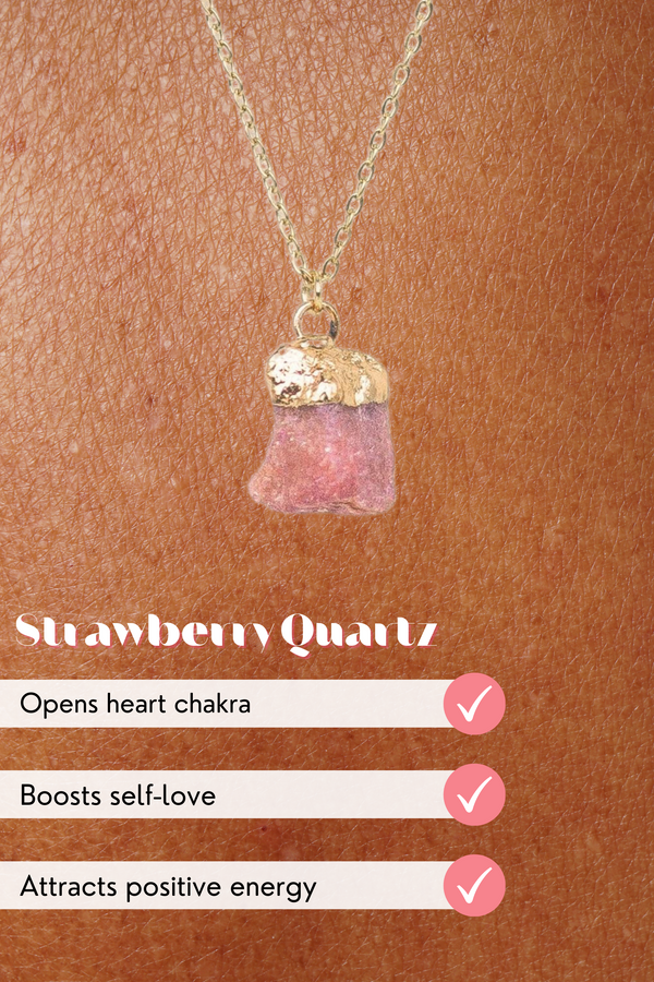 Raw Strawberry Quartz 18k Gold Plated Necklace: Natural Crystal Jewellery for Love, Healing, and Harmony | YPOM
