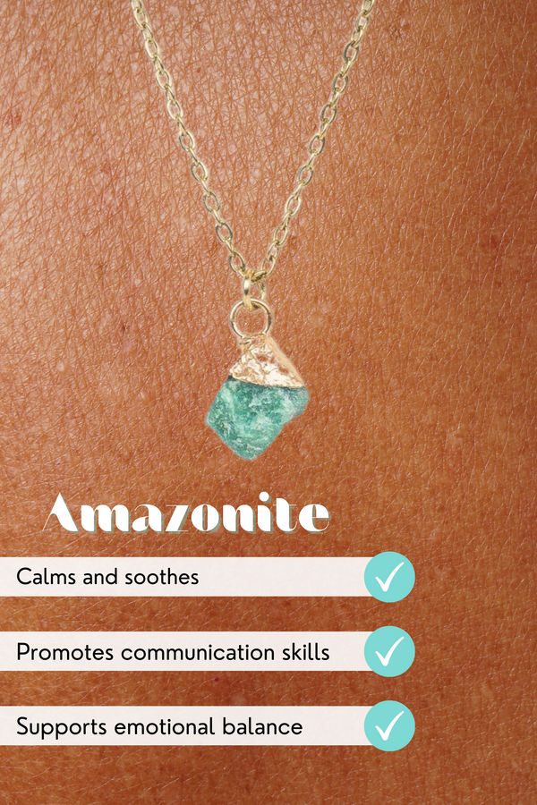 Raw Amazonite 18k Gold Plated Necklace: Natural Crystal Jewelry for Calming, Healing, and Communication | YPOM