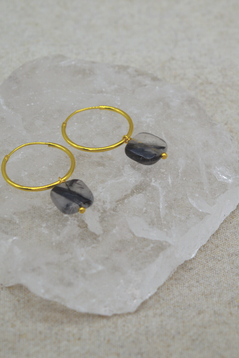 Tourmalted Quartz Crystal Hooped Earrings | Grounding Stone | Gold Vermeil