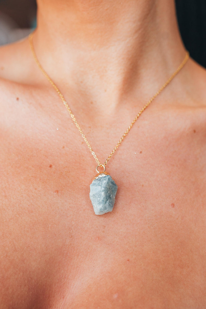 Raw Aquamarine Necklace | Gold Plated | Handmade Natural Crystal Jewellery | YPOM