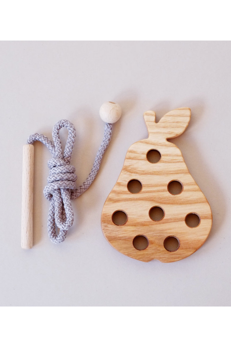 Eco-friendly Wooden Lacing Toy | Animal Shapes & Pear | Threading Needle, Ball & Cord - LiveWell